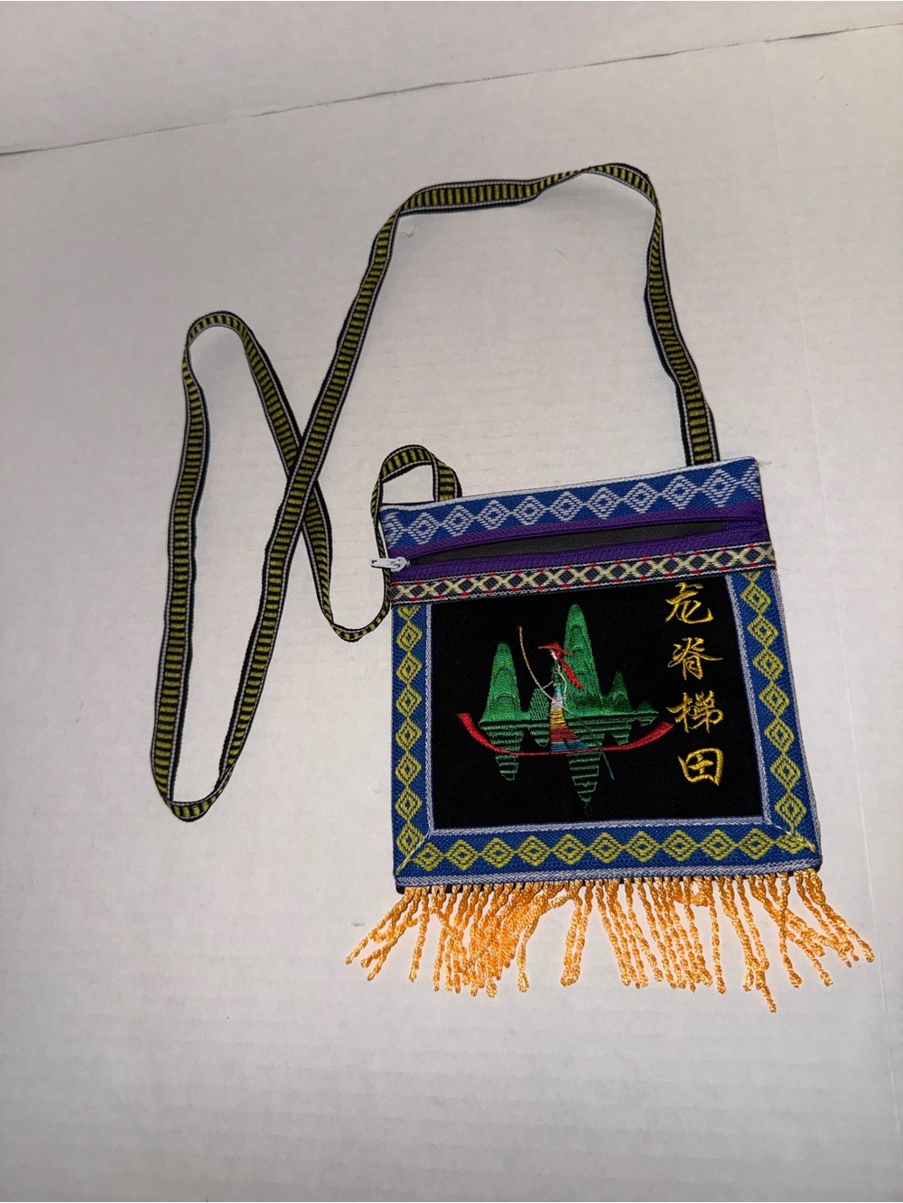 Embroidered Chinese Blue Crossbody Bag with Fringe
